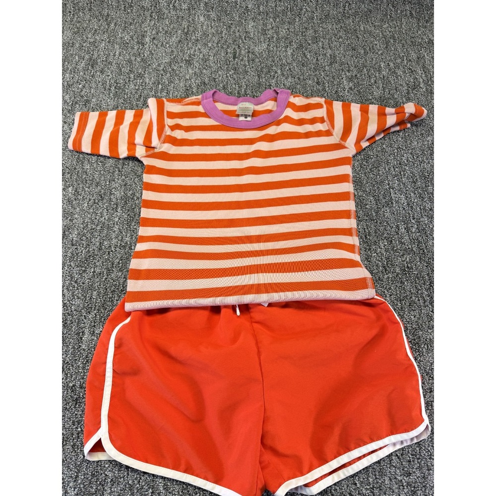 Hanna Andersson T-Shirt & Shorts Set Girls 12/14 Orange Striped Cotton Casual